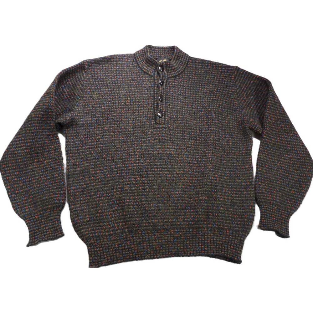VTG Frost Bros Men Wool Sweater Hand Knit Button Neck Italy Flecked Large 90s LS